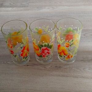 Set of 3 Vintage Firna Indonesia Juice Glasses with Pastel Floral Pattern, Retro